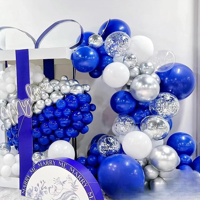 MEBAY Blue Silver Black Balloons Garland Arch Kit, 146 Pcs Royal Light Blue Metallic Confetti Silver Balloons for Baby Shower Graduation Anniversary Retirement Birthday Party Decoration