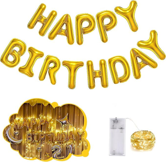 CANREVEL Happy Birthday Banner 13pcs 16 Inch Mylar Foil Letters Sign Balloons with LED Lights Birthday Party Decorations for Kids and Adults - 3D Gold