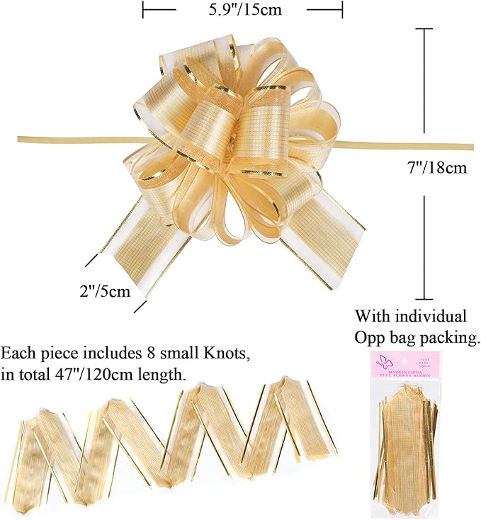10 PCS Large Pull Bow Gift Wrapping Bows, Pull Bow with Ribbon for Wedding Gift Baskets, Party Gift Wrap Bows, Presents Decorating Bows (Gold)