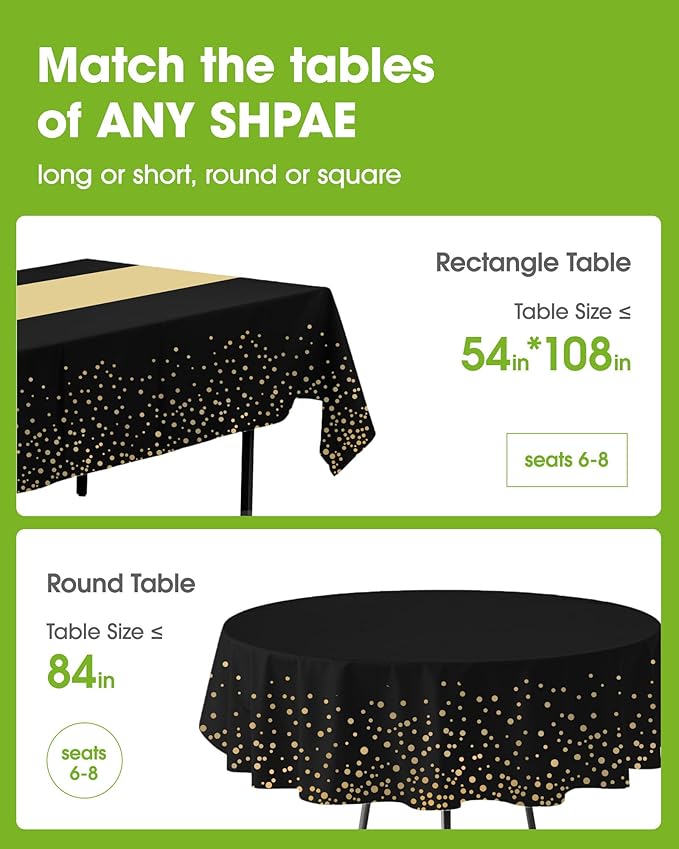 Pureegg Plastic Table Cloth Disposable 8 Pack, 54 x 108 Inch, Table Runner Style, Graduation Decorations 2026, Party Tablecloths, Rectangle, Plastic Cover, Leakproof & Sturdy, Black Gold