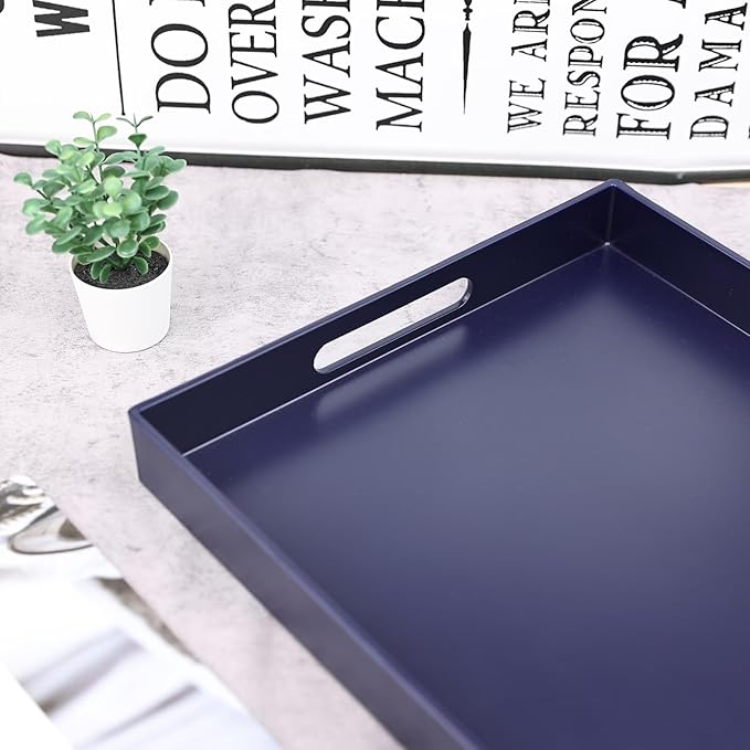 Navy Blue Serving Tray for Coffee Table, Rectangular Plastic Decorative Tray with Handles for Entertaining, Outdoor Patio, Living Room, Ottoman, Bathroom Counter, 11.8”*15.7”*1.6”