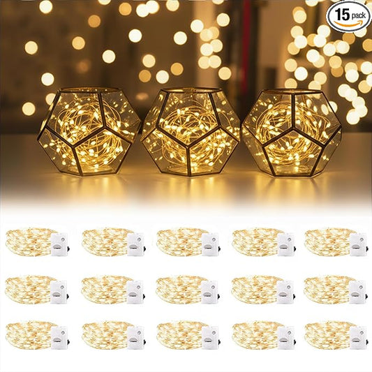 DomeStar 15 Pack Fairy Lights Battery Operated, 7Ft 20 LED Waterproof String Lights Wire Firefly Starry Moon Light for DIY Mason Jars Party Centerpiece Table Valentine's Day Decorations Tree Ornament