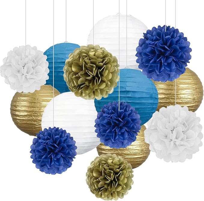 18 PCS Blue White Gold Paper Lanterns & Tissue Paper Pom Poms for Men's Birthday, Graduation 2026, Wedding, Hanging Paper Party Decoration Set for Indoor Outdoor Events Theme Party Supplies
