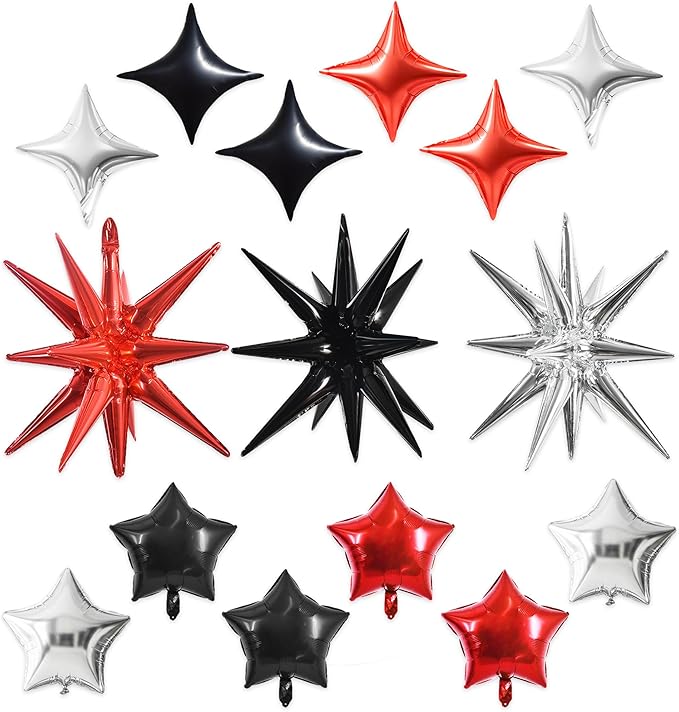 TONIFUL 22Inch 15Pcs Black Red Silver Explosion Star Mylar Balloons and 10Inch Four Pointed Star Balloons Set for Christmas New Year Birthday Wedding Bridal Shower Anniversary Photo Booth Supplies