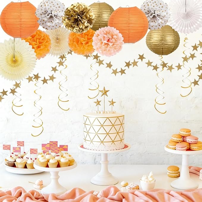 20Pcs Birthday Decorations Paper Fans Lanterns,Fall Party Decorations Pom Poms Flowers,Orange Champagne Gold Bohemian Style Party Decoration for Autumn Girls Women Baby Shower Wedding Thanksgiving