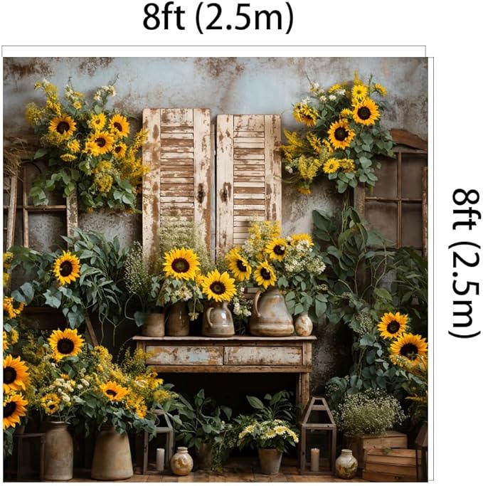 Kate 8x8ft Yellow Sunflowers Backdrops for Photography Rustic Brick House Background Bridal Baby Shower Sweet Birthday Party Decoration Studio Backdrop