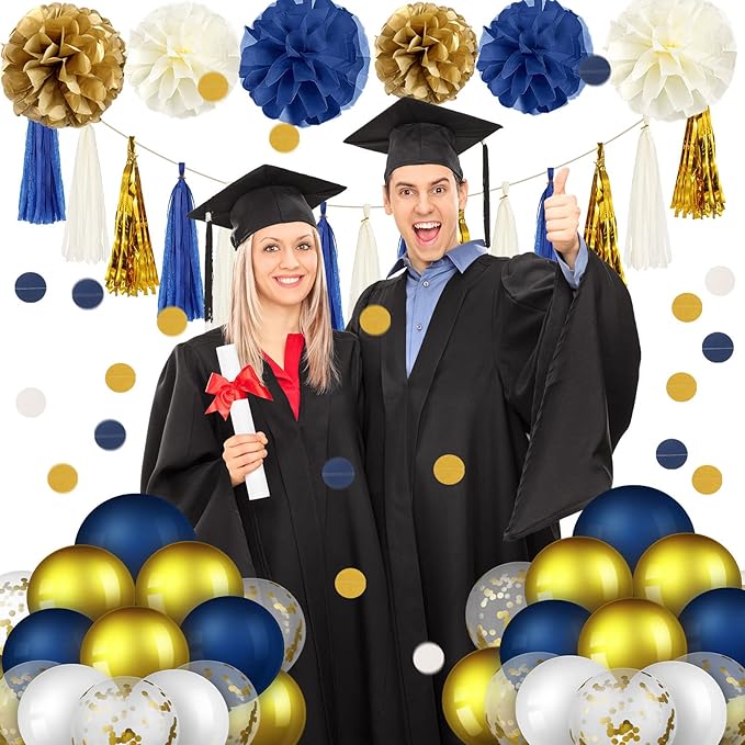 74 Pieces Navy Blue Gold Party Decoration for Graduation Includes Tissue Paper Pom Pom Flower Gold and Navy Balloon Circle Banner Tassel Garland Birthday Bridal Shower Wedding Party