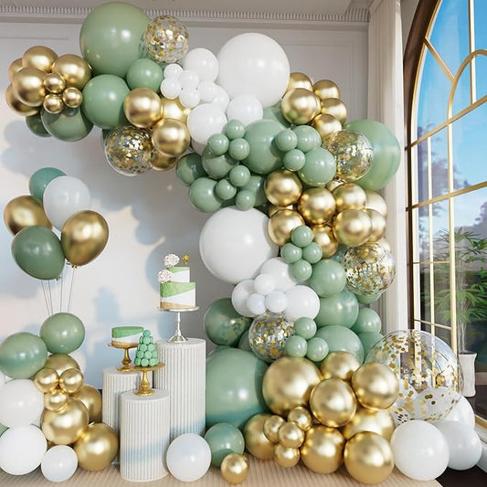151pcs Sage Green Balloon Arch Kit Different Sizes 18 12 10 5 Inch Sage Green balloons White Gold Latex Balloons for Birthday Baby Shower Gender Reveal Wedding Engagement Party Decorations