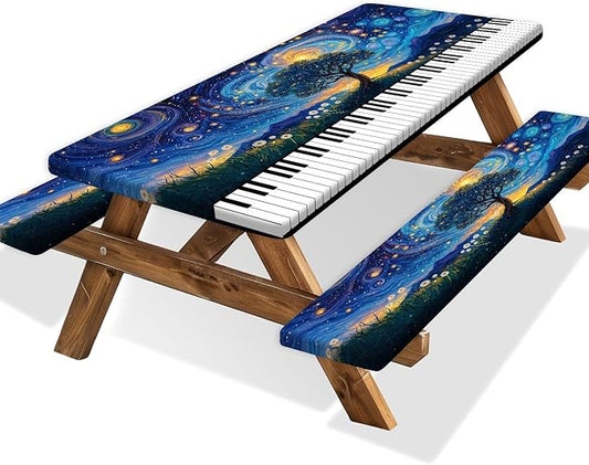 Piano Keyboard Picnic Table Cover with Bench Covers, Camping Essentials, Whirlpool Star Tree Flower Waterproof Windproof, Fitted Tablecloth Cover with Elastic Edge for Outdoor Garden 3 PCS 30x60 Inch
