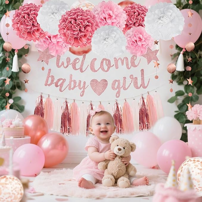 Pink Rose Gold Girl Baby Shower Decorations Welcome Baby Girl Banner, Pom Poms Flowers Tassels, Circle Dots Star Garland, Gender Reveal Birthday Party Supplies