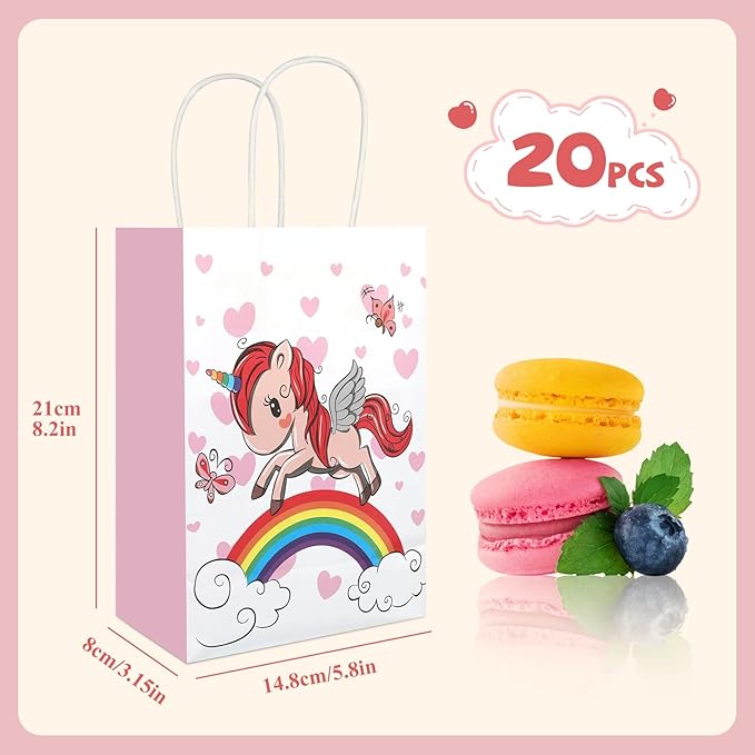 20Pcs Unicorn Party Favor Bags with Handles, Kraft Paper Bags for Rainbow Horse Birthday Party Supplies, Cute Cartoon Unicorn Party Gift Bags Goody Treat Candy Bags for Baby Shower Wedding
