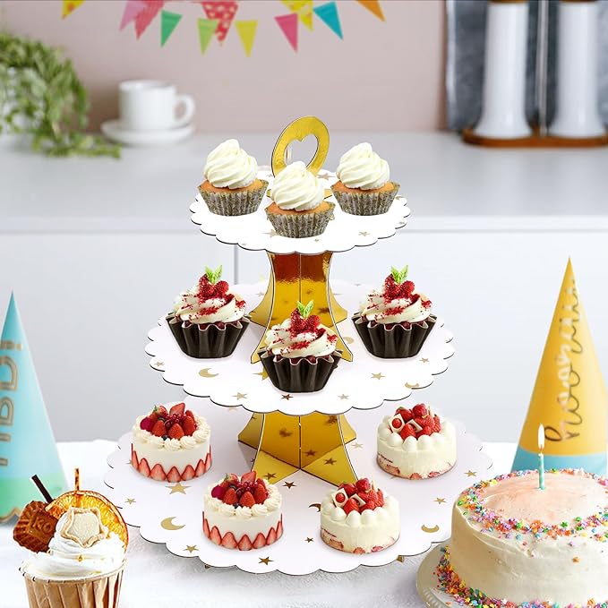 Soleebee 3-Tier Cupcake Stand, Cardboard Cupcake Tower, Dessert Cup Cake Stand Tower for Birthday Wedding Party Decoration, Cupcake Tier Stand 2 Set (Gold Moon and Star)