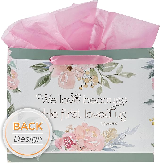 Christian Art Gifts Large Landscape Scripture Gift Bag w/Blank Greeting Card & Wrapping Tissue Paper Set: He First Loved Us Inspirational Bible Verse, Beautiful Floral Design w/Gold for Birthdays,