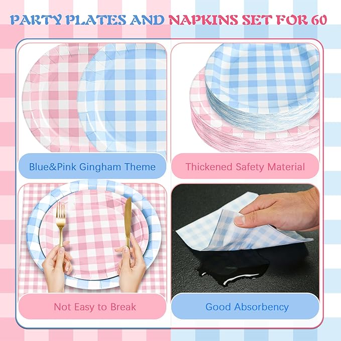 180Pcs Pink and Blue Gingham Party Supplies Paper Plates and Napkins Serve 60 Disposable Tableware Set for Shower Birthday Party Decorations Game Day Family Holiday