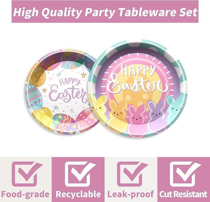 96 Pcs Easter Party Supplies Easter Plates and Napkins Set Colorful Eggs Birthday Party Decorations Tableware for Kids Bunny Spring Birthday Decorations, Serve 24