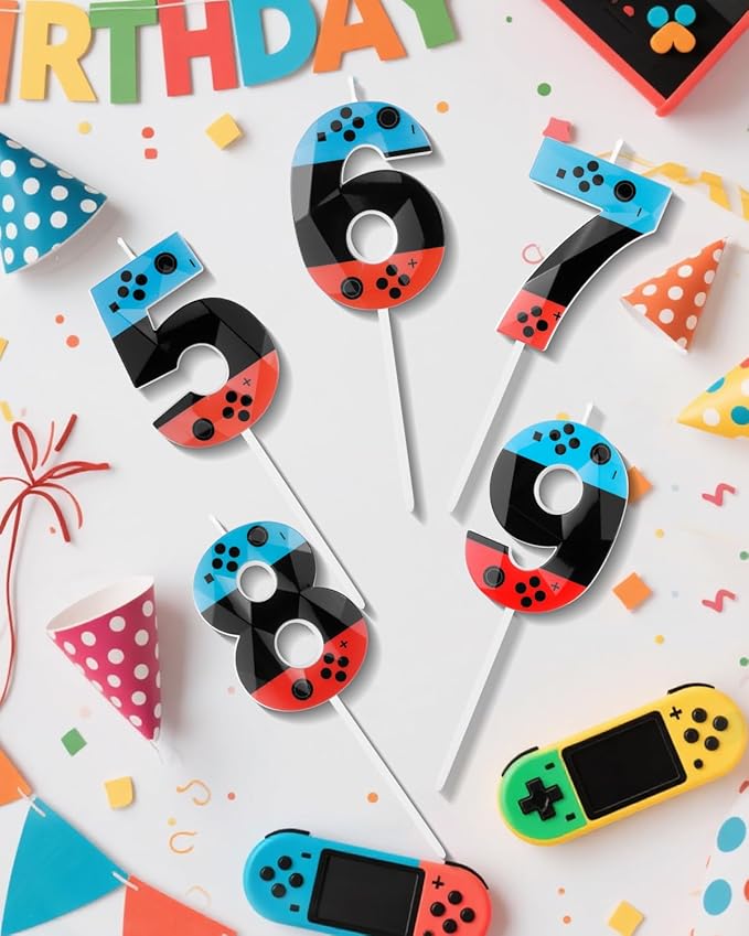 Number 7 Level Birthday Candles, 2.68 inch Gamer Candles, Red Blue Birthday Candles, Game Controller Gamepad Candles,Video Game Controller Themed Kids Boy Girl Party Supplies (Game, 7)