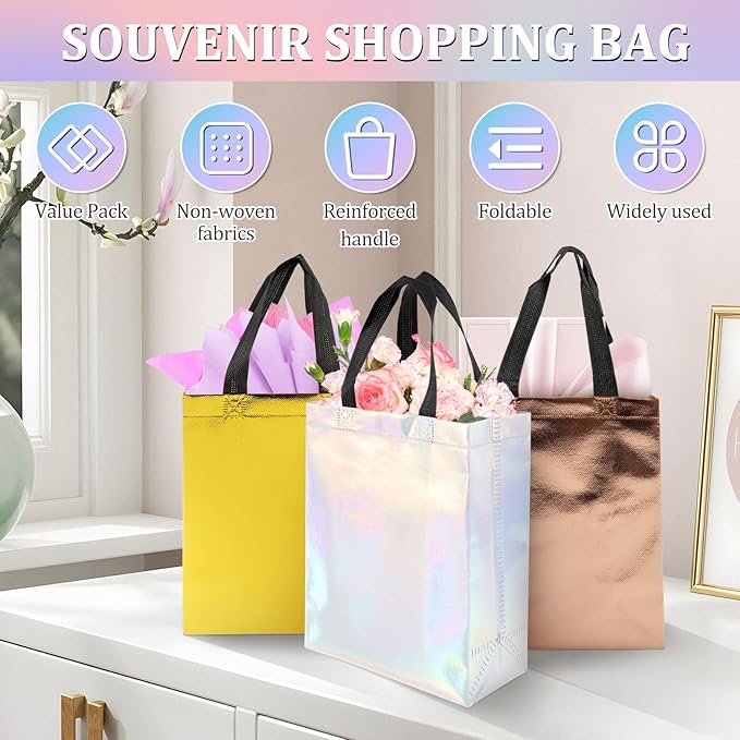 60Pcs Bulk Iridescent Glossy Gift Bags Medium Size, 8x4x10 Inch Holographic Reusable Gift Bags with Handles,Non-woven Gift Bags Bulk,Mix Color (20x Rose Gold,20x Golden Yellow,20x Iridescent Bags ) for Birthday, Wedding, Bachelorette, Party Favors, Hol...