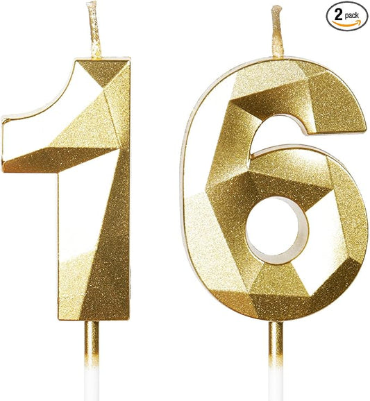 Number 16 Candles,16th Birthday Candles,Gold Happy Birthday Candle for Cake,3D Design Cake Topper Decorations for Boy Men Pet Birthday Party Wedding Anniversary Celebration Supplies