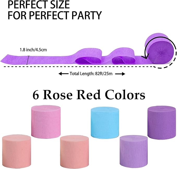 Suaxova Pastel Crepe Paper Streamers 6 Rolls 492ft, Pack of Peach, Purple, Light Pink Theme Party Streamers for Party Decorations, Birthday, Wedding, Baby Shower, Graduation, Christmas
