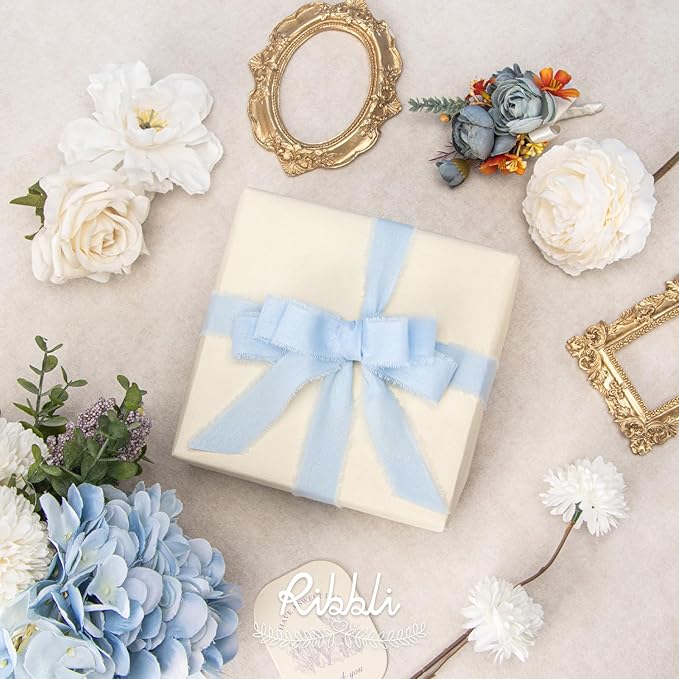 Ribbli 3 Rolls Light Blue Ribbon 1 Inch x 18 Yards Handmade Cotton Frayed Fringe Ribbons for Gift Wrapping Wedding Invites Bridal Bouquets Baby Shower DIY Crafts Home Decor