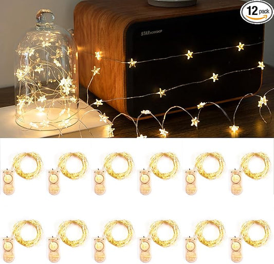 12 Packs 6.6ft 20 LEDs Star Fairy Lights Battery Operated,Mini Star String Lights,Waterproof Twinkle Starry Light for DIY Bottle Table Christmas Ramadan Wedding Halloween Decor,Warm White