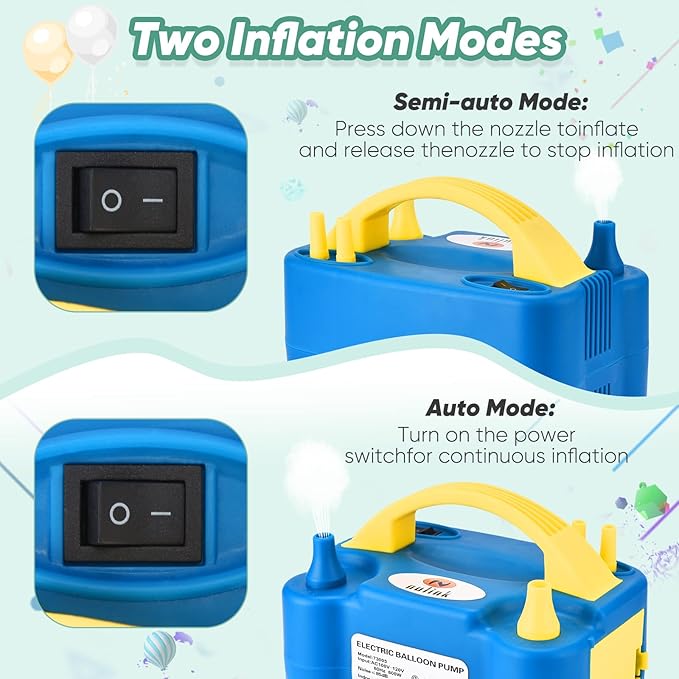 Balloon Pump Electric Portable Dual Nozzle Air Pump for Balloons Blower Pump Inflator for Decoration, Birthday Party [110V~120V, 600W, Blue Yellow]