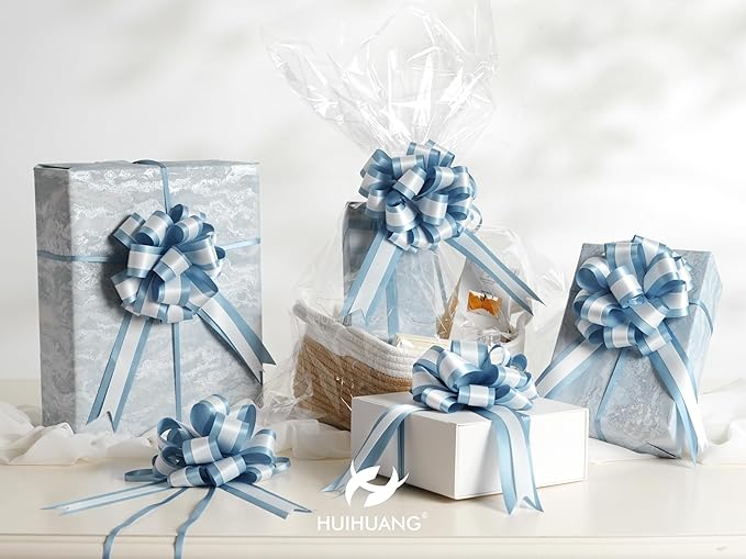 HUIHUANG Dusty Blue Pull Bows 6" x 10" Dusty Blue and White Double Layer Satin Pull Bows 12 PCS Gift Bow for Gift Wrapping Gift Basket Baby Shower Favors Wedding Party Decor