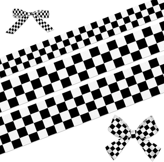 3 Rolls 15 Yards Racing Car Theme Printed Ribbon Black White Checkered Ribbon for Crafts Buffalo Plaid Wrapping Ribbon for Wreath Sports Team Racing Car Party Home Decoration