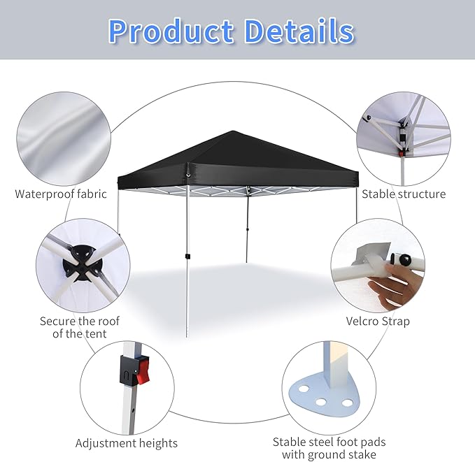 Pop Up Canopy 8X8 FT,Portable Sun Instant Shelter w/Backpack Bag,Waterproof,Adjustable Straight Leg Heights Canopies,Outdoor Tents for Parties,Camping,Commercial Event,Black