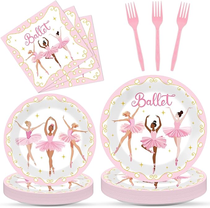 Qyeahkj 100 Pcs Ballerina Birthday Party Decorations for Ballet Plates and Napkins Ballet Dress Paper Dinnerware Table Supplies Disposable Dancing Girl Birthday Party Tableware Decor Serves 25