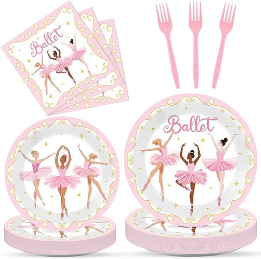 Qyeahkj 100 Pcs Ballerina Birthday Party Decorations for Ballet Plates and Napkins Ballet Dress Paper Dinnerware Table Supplies Disposable Dancing Girl Birthday Party Tableware Decor Serves 25