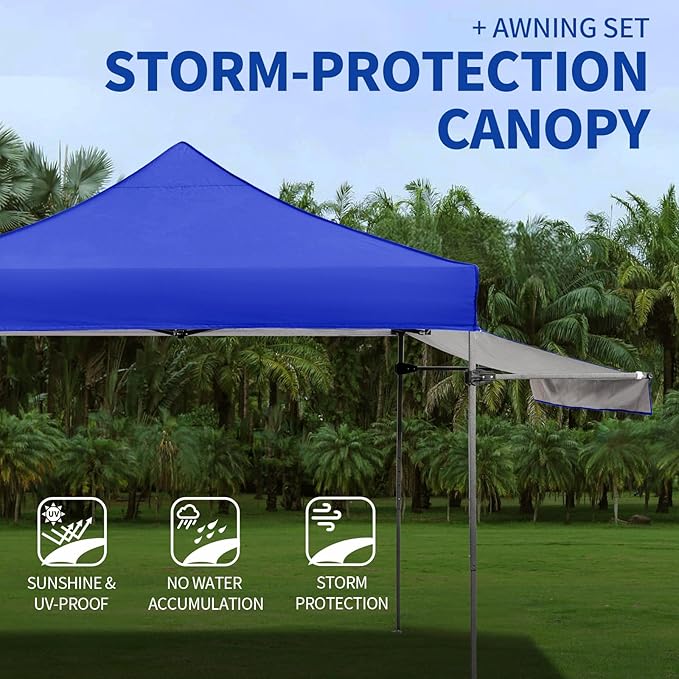 10x10 Pop up Canopy Tent with Awning Easy up Canopy with Wheel Bag Heavy Duty Waterproof Canopy Commercial Gazebo Tent for Outdoors Parties Vendors (Blue)