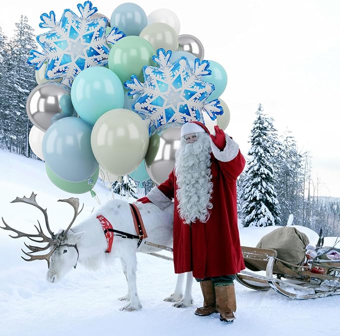 Blue Green Snowflake Balloon, Winter Wonderland Party Decorations, Pastel Green Dusty Blue Metallic Silver Balloons with Snowflake Foil Balloon for Christmas Winter Onederland Birthday Party Decor