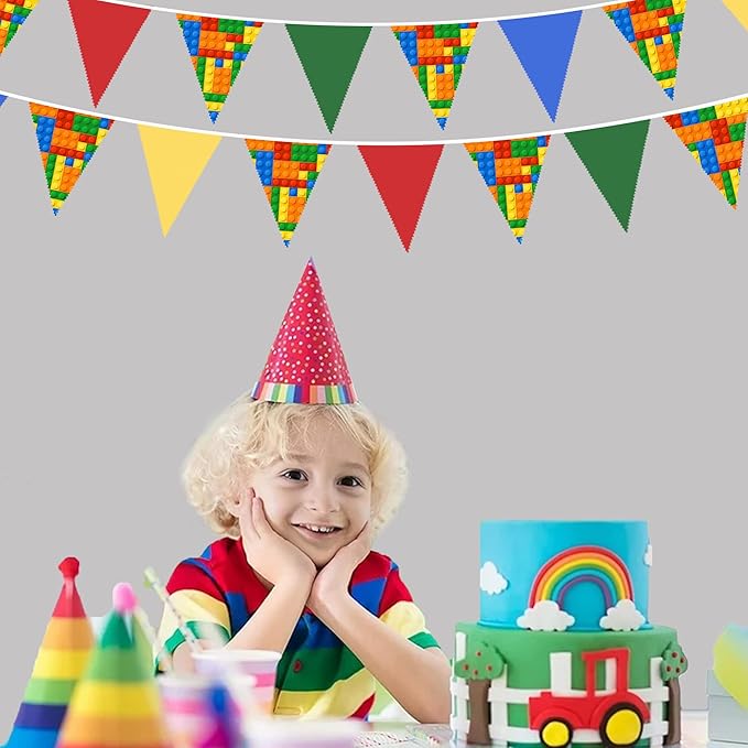 32Ft Building Block Party Decorations Red Blue Yellow Green Colorful Building Block Triangle Flag Pennant Bunting Banner Fabric Garland Streamers for Kids Birthday Baby Shower Outdoor Garden Decor
