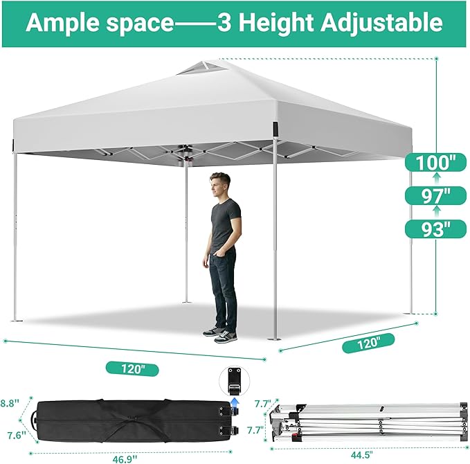 10 x 10FT White Pop Up Canopy Tent with Wheeled Carry Bag, Sandbags, Easy Setup Outdoor Portable Gazebos Shelter Sun Shade for Events, Party, BBQ, Backyard, Adjustable Height Canopy