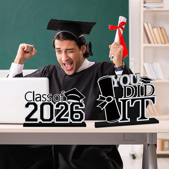4Pcs Black and Silver Graduation Decorations 2026 Wooden Table Centerpieces Class of 2026 Table Toppers Congrats Grad Tiered Tray Decor for 2026 Graduation Table Decorations