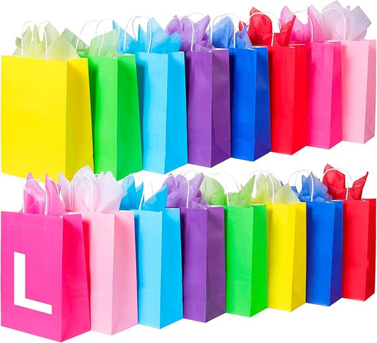 BLEWINDZ 32 Pcs Gift Bags with 32 Tissues, 8 Colors Party Bags with Handles, 13.2" Large Size Rainbow Goodie Bag for Wedding, Birthday, Party Supplies and Gifts