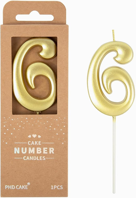 PHD CAKE 2.76 Inch Elegant Gold 6 Number Birthday Candles, Gold Number Candles, Cake Number Candles, Party Celebration