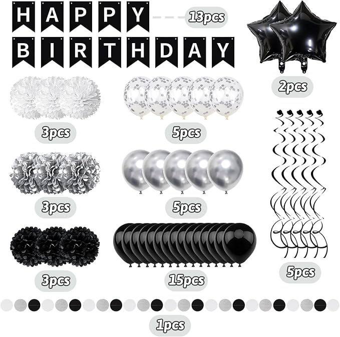 Black White Birthday Decorations, Happy Birthday Decorations with Banner Pompoms Balloon Hanging Swirls for Boys Girls Men Women Party Decorations Supplies