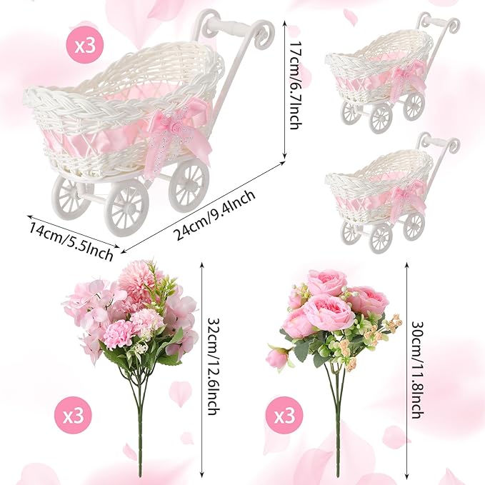3 Pack Rattan Baby Carriage Floral Arrangement with Bouquet Pink Baby Shower Table Centerpiece Stroller for Guests Gender Reveal Wedding Party Favor Gift and Souvenir