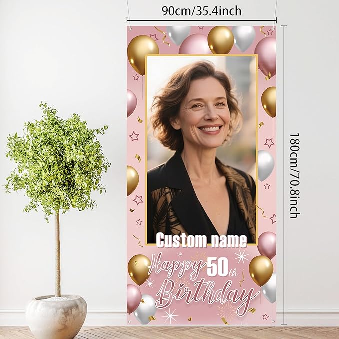 Dicodes Personalized Happy Birthday Door Banner Custom Photo Birthday Photography Background Decorations Party Supplies for Women Men (Rose Pink)
