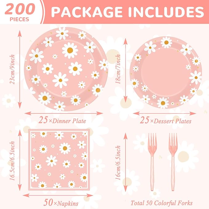50 Guests Daisy Plates and Napkins Party Supplies Groovy Floral Party Decorations Disposable Tableware Set Pink One Two Groovy Birthday Dinnerware Favor for Summer Girls Wedding Baby Shower, 200PCS
