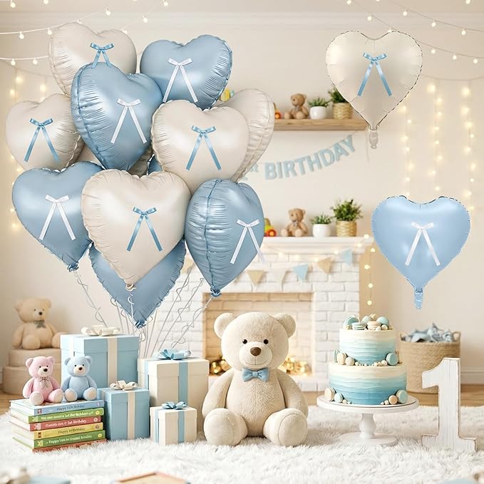 Blue White Heart Balloons with Ribbon Bow, 10 Pcs Baby Blue Cream Heart Shape Foil Balloons, 18 Inch Helium Balloon with Bow Decoration for Boy Baby Shower Baptism Brithday Bridal Shower Party Decor