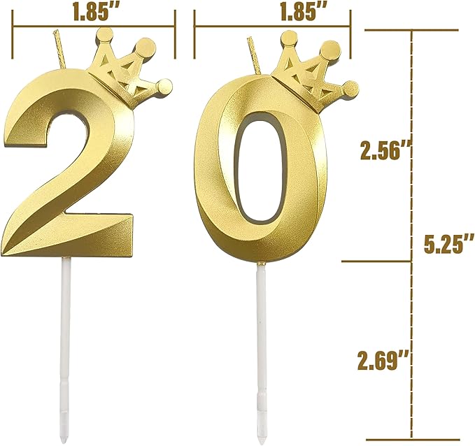 The Number 20 Gold Birthday Candles for Cake is Beautiful Number Candles for 20th Birthday Decorations for Man and Women (Gold-20, Crown)