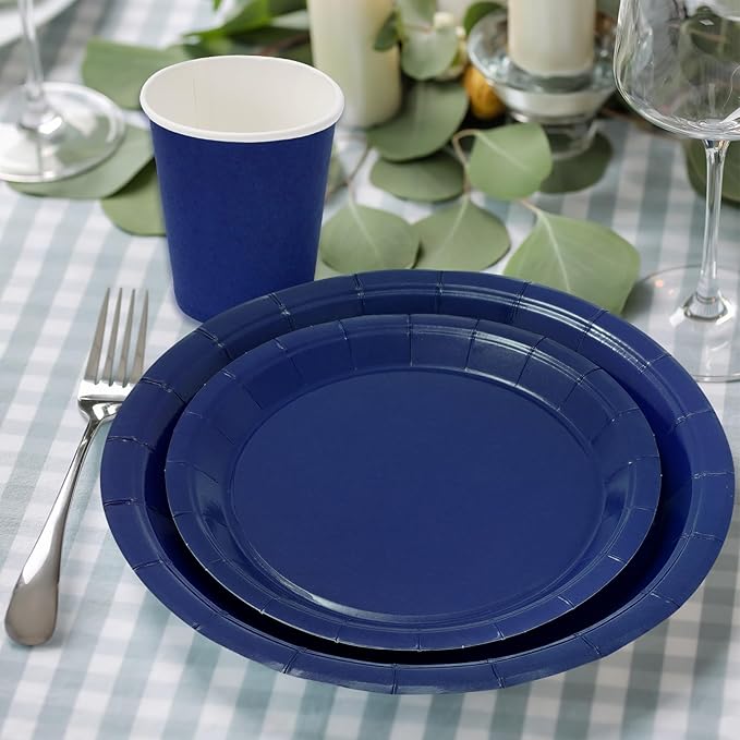 Whaline 100Pcs Navy Blue Tableware Set Wedding Disposable Dinnerware Set Paper Plates Napkins and Cups for 25 Guests Wedding Birthday Bride Shower Party Supplies Table Decorations