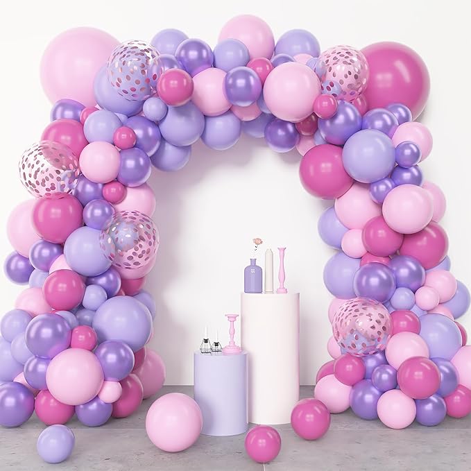 Amandir 153Pcs Pink Purple Balloons Arch Garland Kit Different Sizes 18 12 10 5inch Latex Pink Metallic Light Purple Rose Red Confetti Balloon Mother Butterfly Shower Bridal Birthday Party Decorations