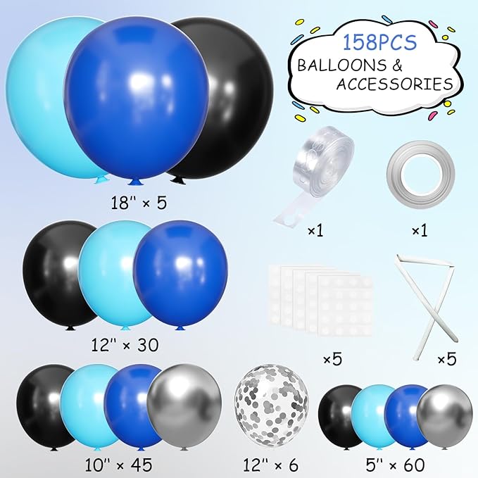 MEBAY Blue Silver Black Balloons Garland Arch Kit, 146 Pcs Royal Light Blue Metallic Confetti Silver Balloons for Baby Shower Graduation Anniversary Retirement Birthday Party Decoration