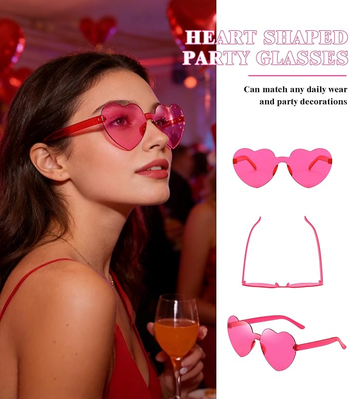 Matcheck 48 Pack Heart Rimless Sunglasses Frameless Colored Party Glasses Transparent Fun Eyewear for Adult