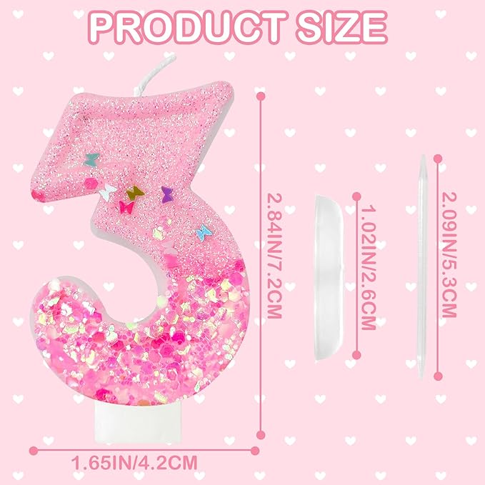 Pink Sequin Birthday Candles, Cake Number Candles, Girls 0th Birthday Decorations, Suitable for Birthday Parties, Anniversary Party Decorations(3)