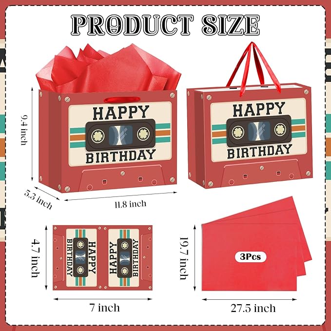 Tape Cassette Birthday Gift Bag Red Retro Tape Birthday Party Favor Bags with Tissue Paper and Greeting Card Vintage Mixtape Gift Wrapping Paper Bag for Men Women 50s 60s 70s 80s 90s Music Bday Gifts